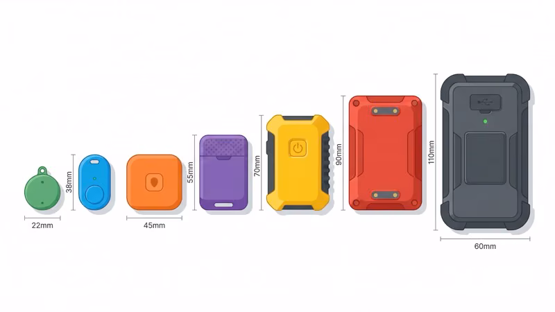 Seven motorcycle GPS trackers arranged by size on a motorcycle silhouette outline