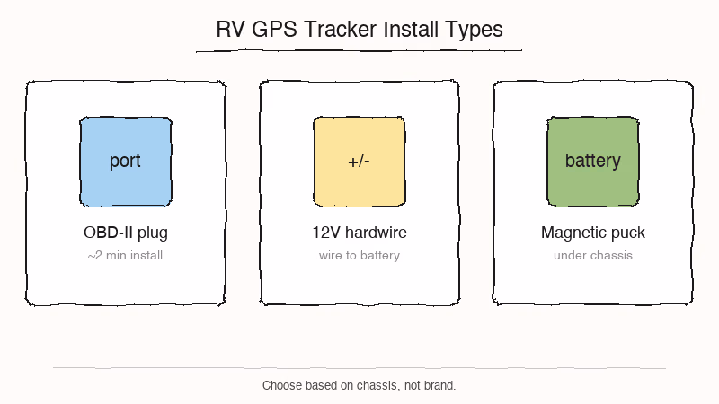 Three RV GPS tracker install types compared OBD-II hardwired 12V and magnetic mount
