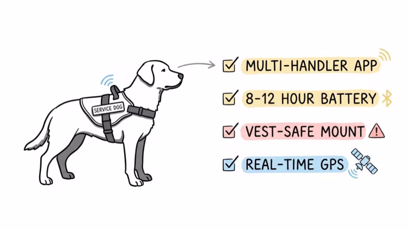 Service dog in vest with checklist of four tracker requirements: multi-handler app, 8 to 12 hour battery, vest-safe mount, real-time GPS