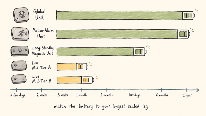 Hand-drawn bar chart comparing standby battery life across the five container trackers from weeks to a year