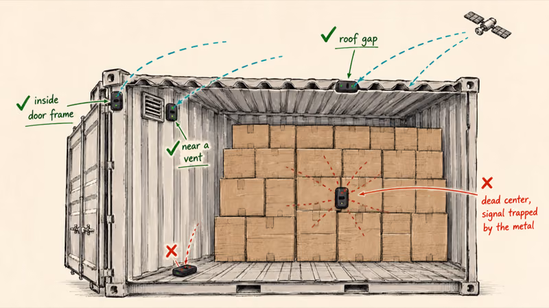 Container cutaway marking good tracker mount spots near vents and doors versus blocked floor and center spots