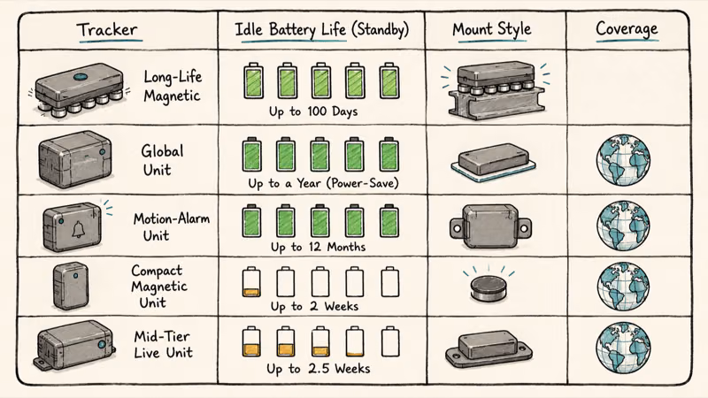 Hand-drawn comparison chart of five container GPS trackers by idle battery, mount style, and coverage