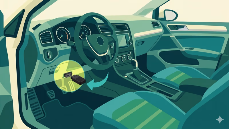 OBD-II port location under dashboard on driver's side, where plug-in GPS trackers connect