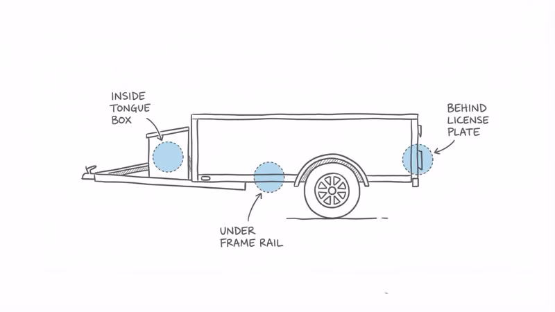 Three hidden GPS tracker placement spots on a utility trailer including tongue box, frame rail, and license plate bracket