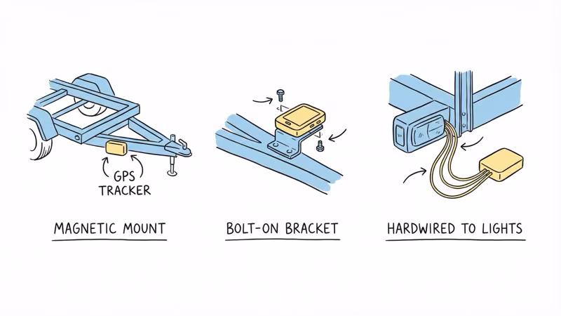 Three GPS tracker mounting methods for trailers showing magnetic mount, bolt-on bracket, and hardwired to lights