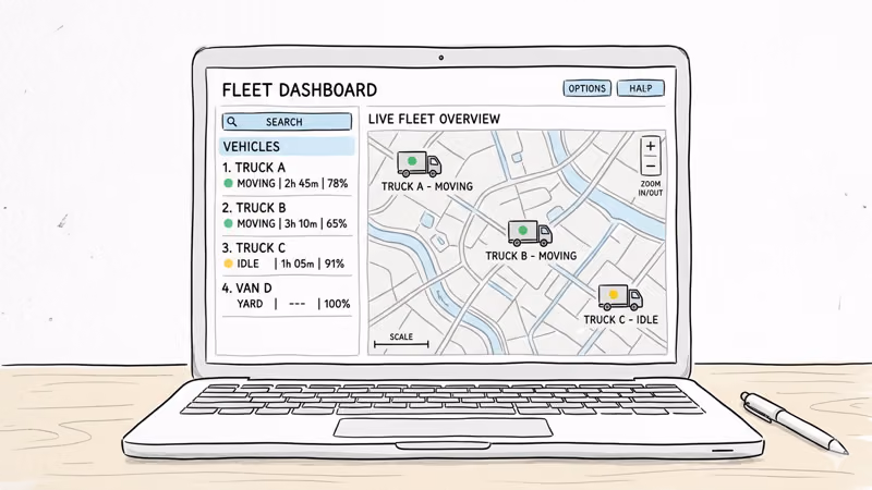 Fleet management dashboard showing multiple truck locations on a map with status indicators