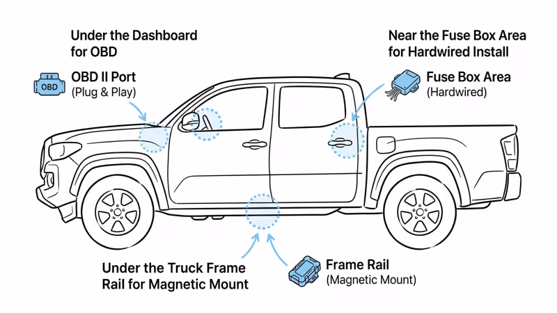 Pickup truck diagram showing three GPS tracker installation locations for OBD magnetic and hardwired methods
