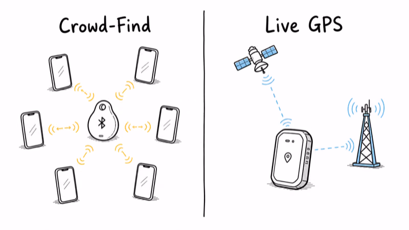 Crowd-find vs live GPS wheelchair tracker comparison diagram