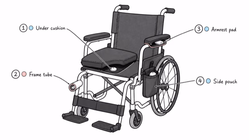 Wheelchair tracker hiding spots diagram: cushion, frame tube, armrest, pouch