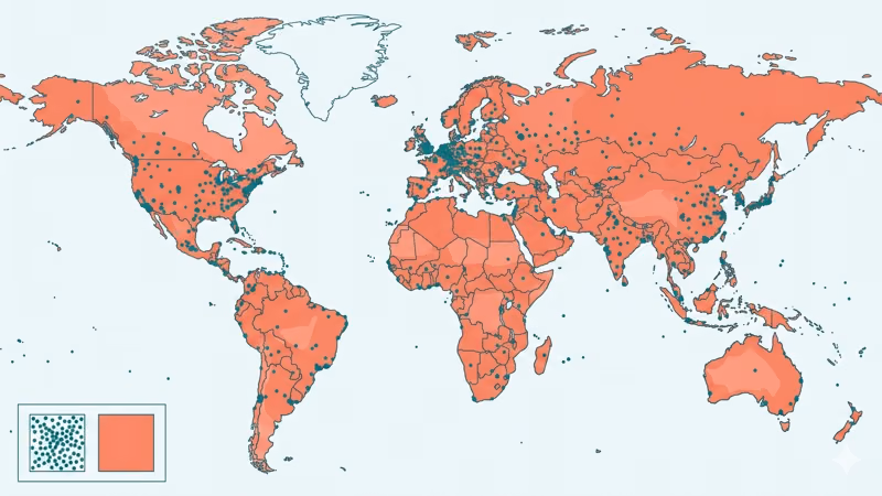 World map comparing Bluetooth tracker crowd-sourcing coverage versus GPS cellular tracker independent coverage by region