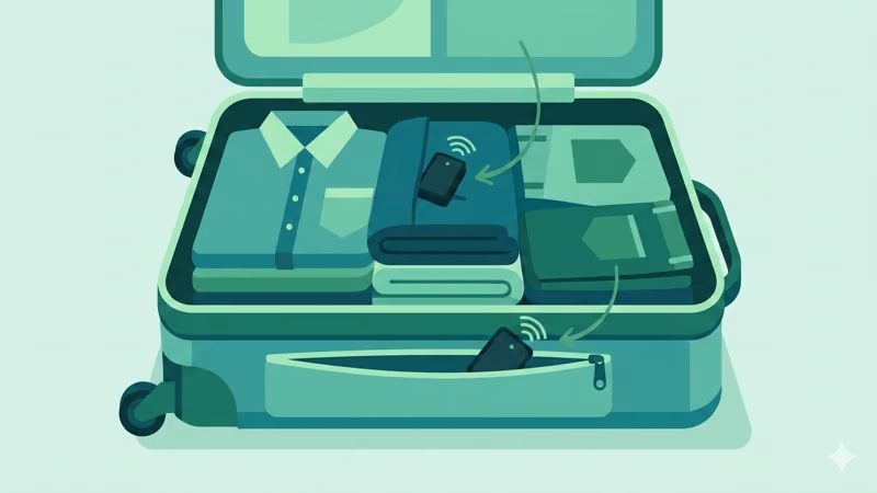 Diagram showing where to place GPS and Bluetooth luggage trackers inside checked and carry-on bags for international flights