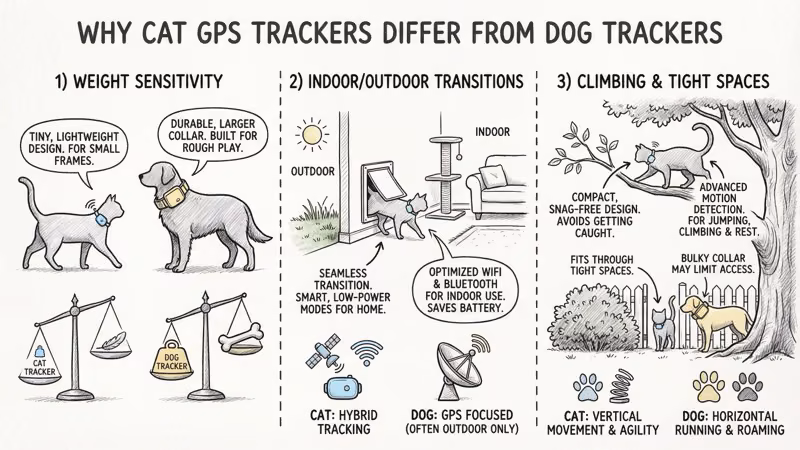 Infographic comparing cat GPS tracker requirements versus dog GPS trackers, covering weight limits, collar safety, and size differences