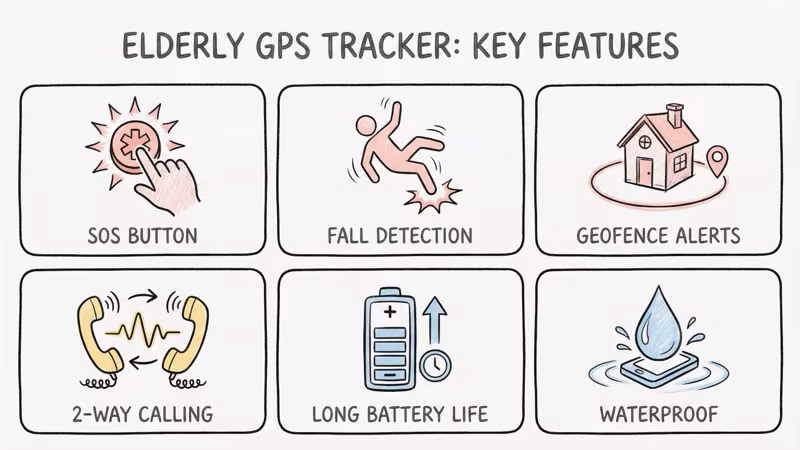 Key features grid for elderly GPS trackers showing SOS button, fall detection, geofencing, two-way calling, and water resistance ratings