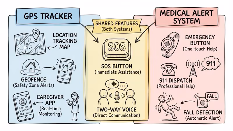 Comparison chart of GPS trackers versus medical alert systems for seniors, showing differences in focus, features, cost, and best use cases