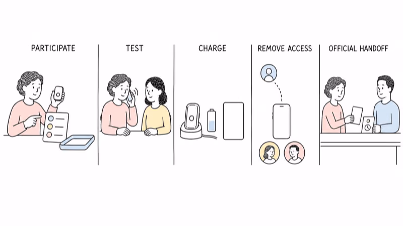 Notion-style illustration of an older adult participating in a reversible trial, testing and charging a device, removing access, and making a separate official handoff