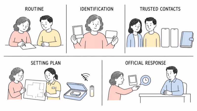 Notion-style safety illustration showing routine, identification, trusted contacts, a setting plan, and official response, with a removable device shown as one fallible layer