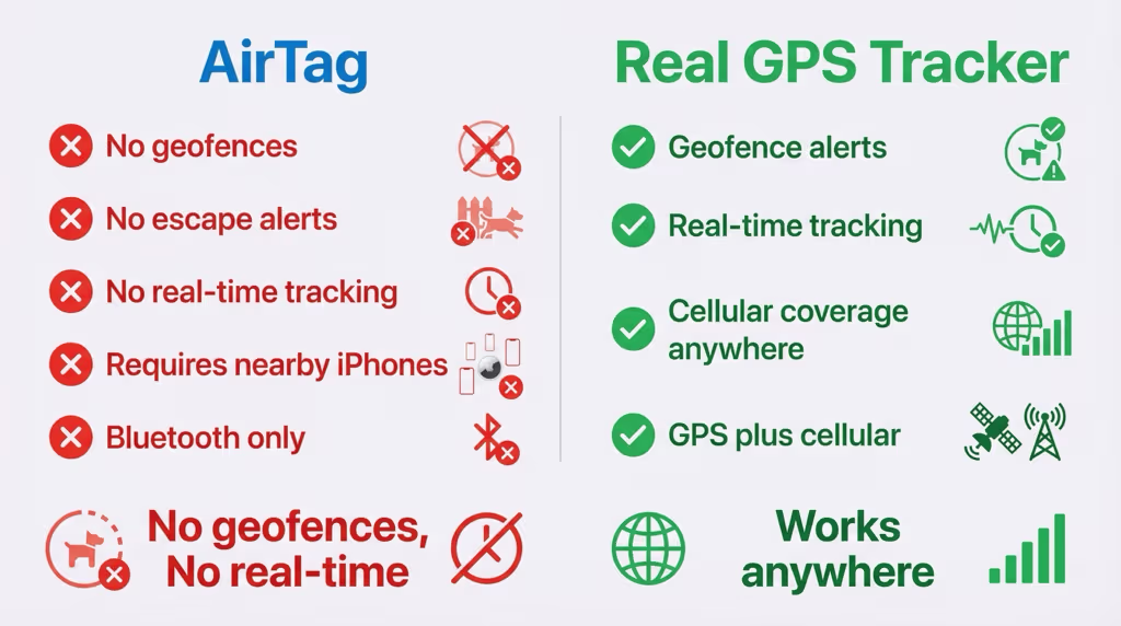 AirTag Bluetooth crowd-sourced tracking versus dedicated GPS pet tracker with cellular connection