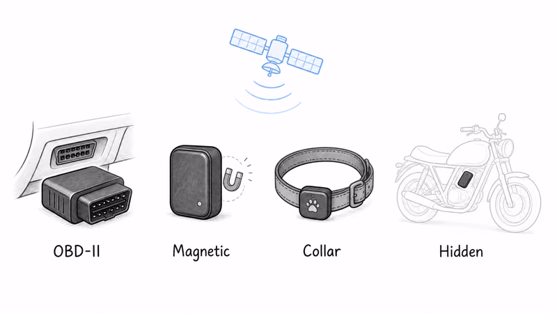 Hand-drawn lineup of four GPS tracker types: OBD-II plug-in, magnetic battery, pet collar, and hidden module