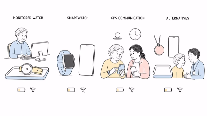 Notion-style comparison of MONITORED WATCH, SMARTWATCH, GPS COMMUNICATION, and ALTERNATIVES with removable devices, human support, and visible battery or signal limits