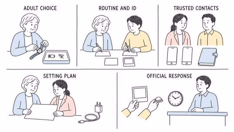 Notion-style safety illustration covering ADULT CHOICE, ROUTINE AND ID, TRUSTED CONTACTS, SETTING PLAN, and OFFICIAL RESPONSE around a removable watch