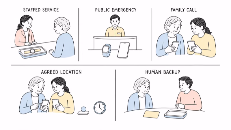 Notion-style illustration separating STAFFED SERVICE, PUBLIC EMERGENCY, FAMILY CALL, AGREED LOCATION, and HUMAN BACKUP response jobs before choosing a watch