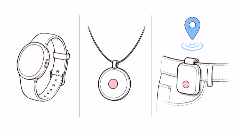 Watch, pendant, and clip-on GPS tracker form factors for seniors side by side