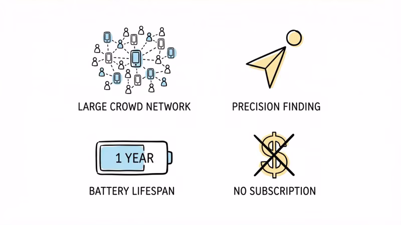Four key item tracker features: crowd network size, precision finding, battery life, no subscription