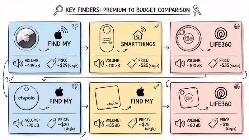 Comparison chart of 6 best key finders in 2026 showing AirTag 2, Chipolo ONE Spot, Chipolo Pop, Tile Pro, SmartTag 2, and Pebblebee Clip 5 with key specs