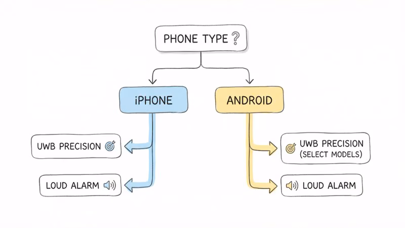 Decision flowchart for choosing a key finder based on phone type and feature needs