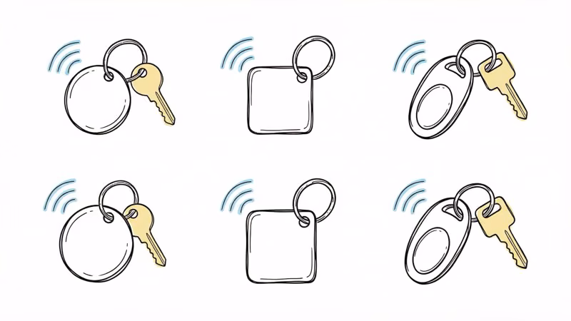 Six bluetooth key finders compared in grid layout showing different shapes and sizes