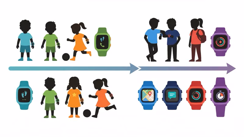 Age recommendation guide showing which GPS smartwatch fits kids ages 4-7 versus 8-12