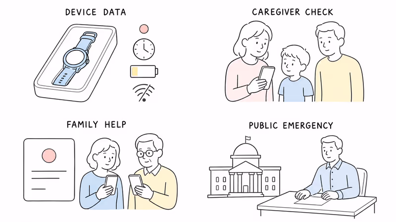 Notion-style diagram separating fallible device data, caregiver context checks, unanswered family help, and an independent public-emergency response