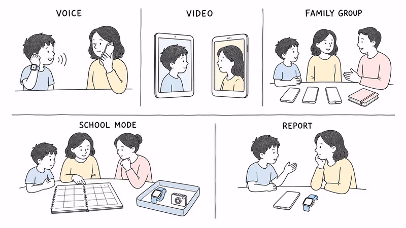 Notion-style comparison separating voice, video, a bounded family group, school and camera permission, and a child's ability to report an unwanted interaction