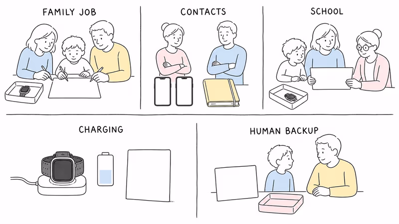 Notion-style family planning illustration separating the family job, approved contacts, school permission, charging ownership, and nearby human backup before choosing a kids GPS watch