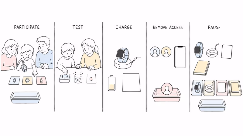 Notion-style reversible family trial showing child participation, an announced test, charging and recovery, removal of former access, calm offboarding, and a pause choice