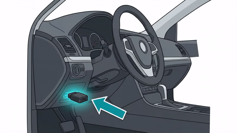 OBD-II diagnostic port location under driver-side dashboard with GPS tracker plugged in