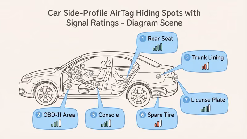 Diagram showing the best hiding spots for an AirTag inside a car with signal strength ratings