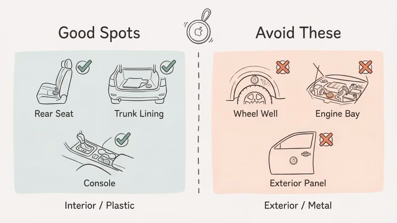 Comparison of good versus bad AirTag hiding spots in a car based on signal and concealment