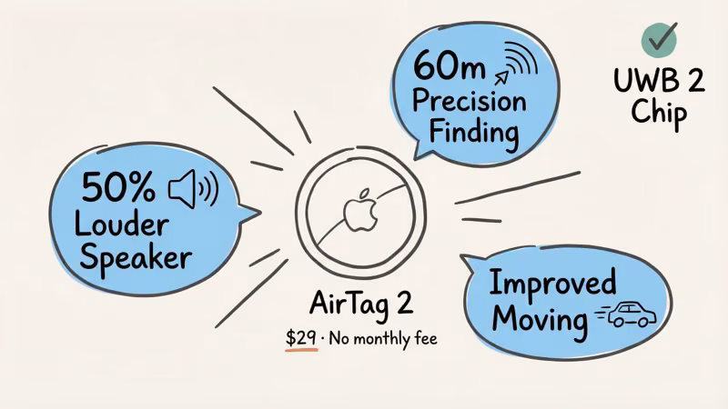 AirTag 2 feature upgrades relevant to car tracking including extended UWB range and louder speaker