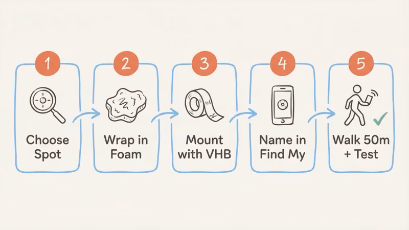 Step-by-step installation guide for hiding an AirTag in a car with foam wrap and VHB tape