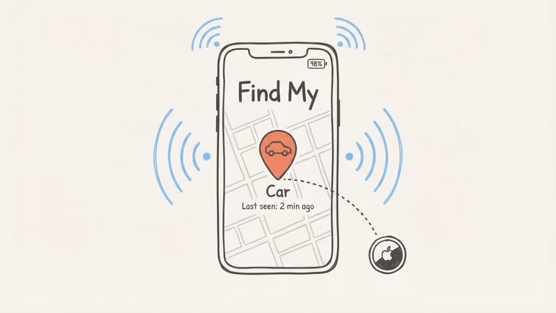 Find My app showing AirTag tracking a car location on a map with last-known position