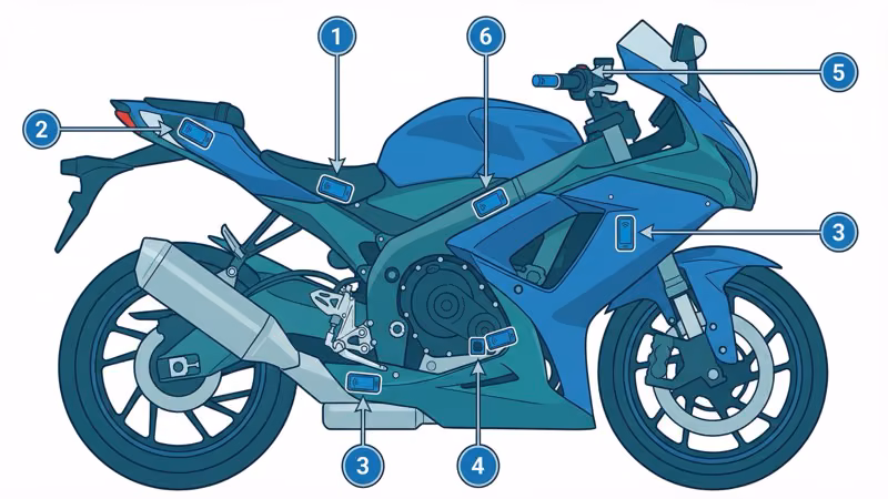 Annotated motorcycle diagram showing six GPS tracker hiding spots with signal and concealment ratings