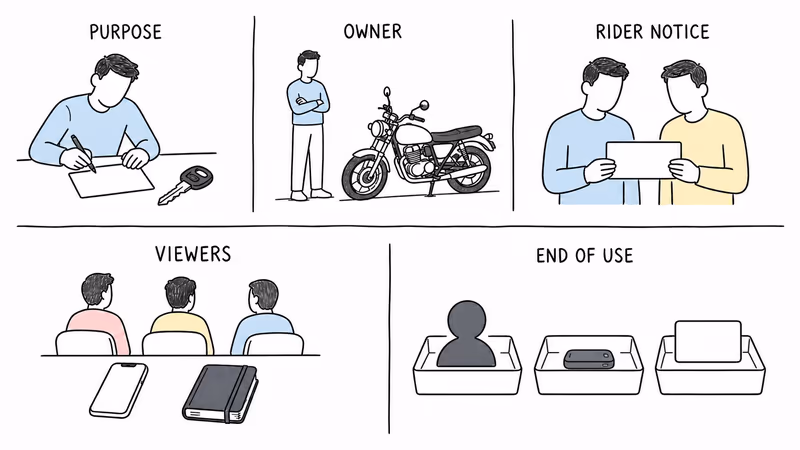 Notion-style illustration separating motorcycle purpose, owner authorization, regular-rider notice, account viewers, and end-of-use offboarding