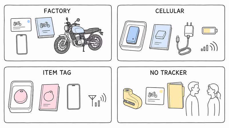 Notion-style comparison of separate factory, cellular, item-tag, and no-tracker paths with their manuals, power, signal, and human fallback boundaries