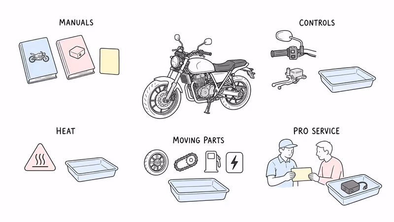 Notion-style safety-boundary illustration keeping manuals, controls, heat, moving parts, fuel and electrical hazards, and professional service separate from an intact motorcycle