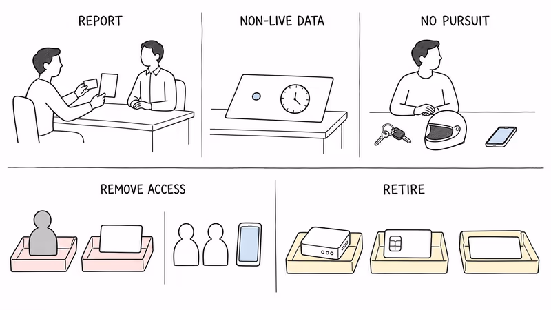 Notion-style illustration separating official reporting, non-live data, no-pursuit behavior, account access removal, and tracker retirement