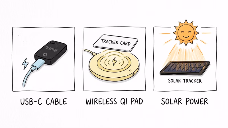 USB-C, wireless Qi, and solar charging methods for Bluetooth trackers compared