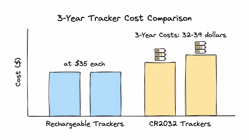 Three-year cost comparison between rechargeable and CR2032 Bluetooth trackers