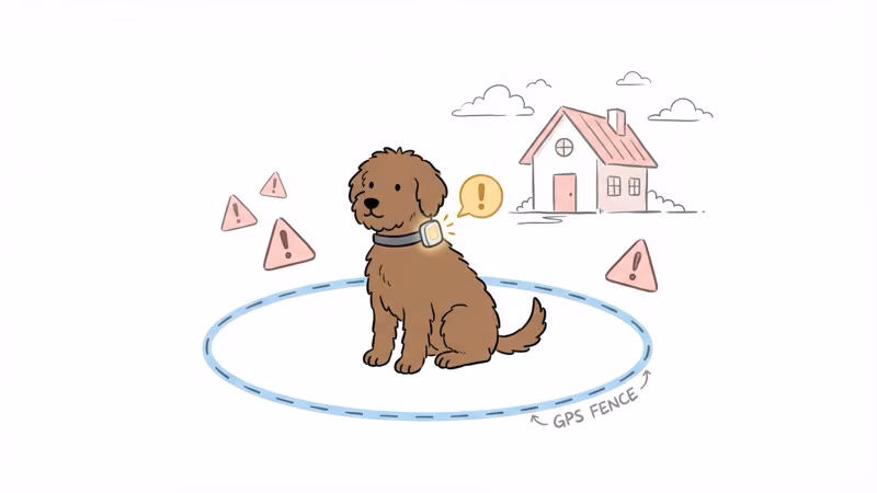 Virtual fence boundary illustration showing GPS collar containment zone around a yard