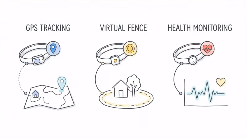 Three smart dog collar types: GPS tracking, virtual fence boundary, and health monitoring